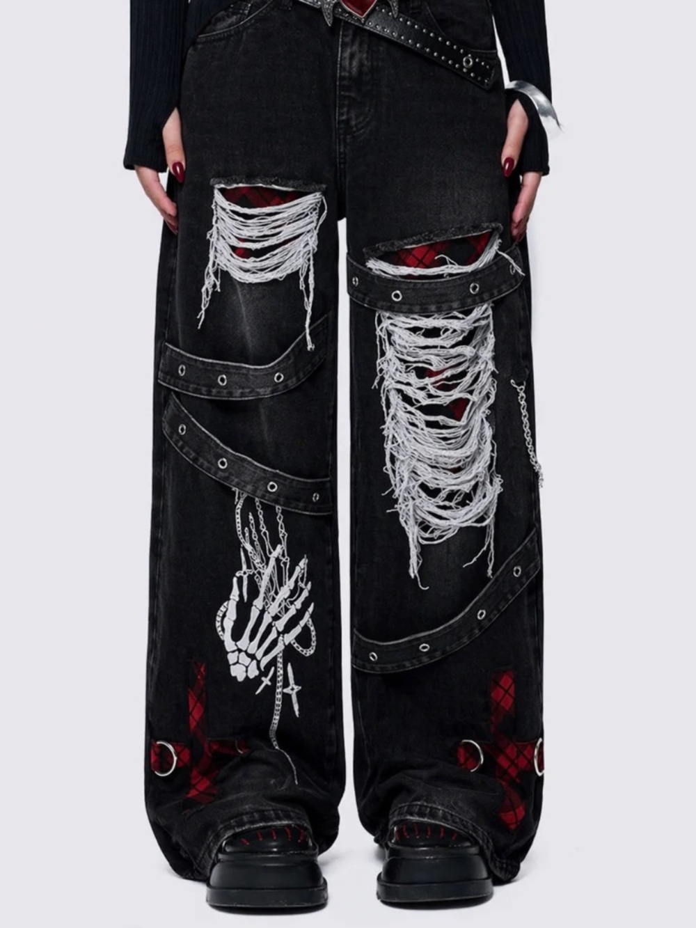 Crimson Bones Y2K Black Distressed Baggy Jeans Size M